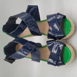 Navy and Green Patent Leather looking Wedge Xhiloration Heels sz. 8